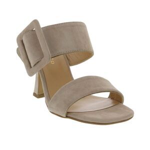Suede Taupe Block-Heel Two-Band Sandal with Buckle Accent